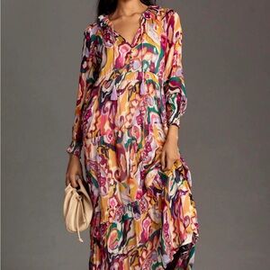 Anthropologie Marais Chiffon Maxi Dress Tiered Romantic Abstract Art